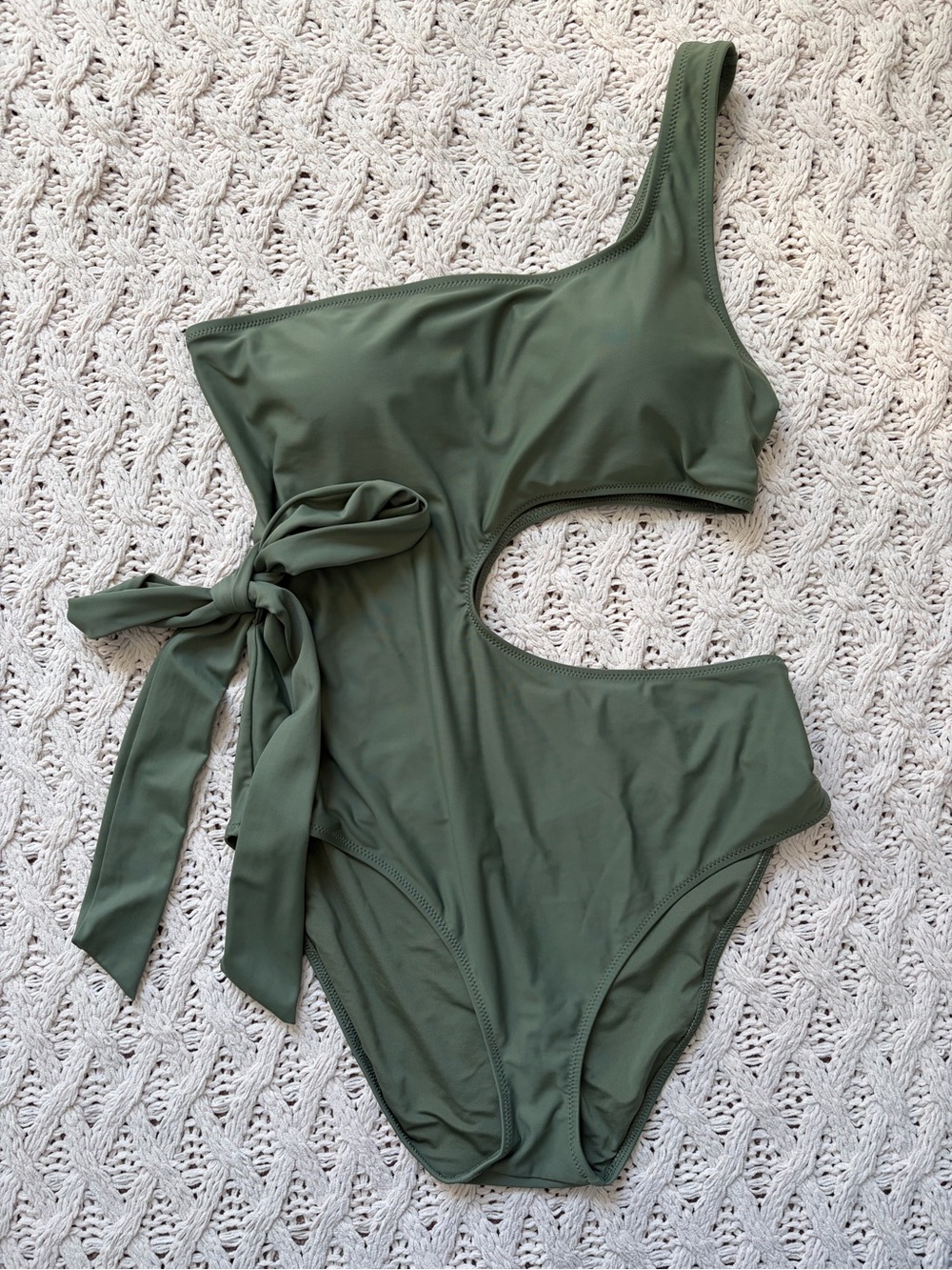 Aerie One Piece Swimsuit - One Shoulder with Cutout & Side Tie - Olive Green LG